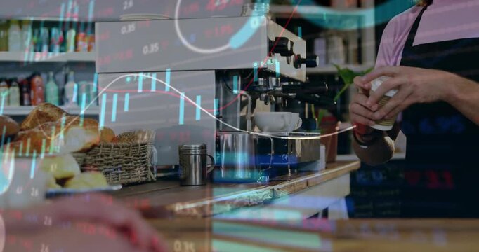 Barista using espresso rig and serving togo cup as guest reaching, finance charts moving over hands