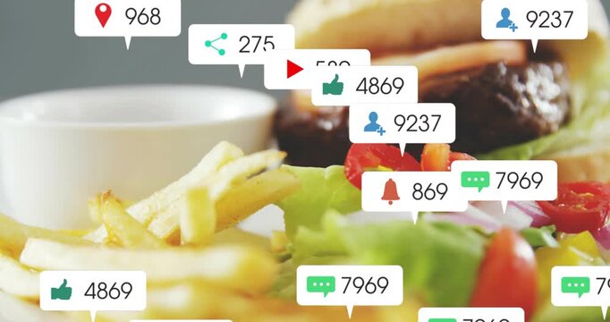 On close-up, social bubbles appearing by fries, clustering over bun, showing rising engagement