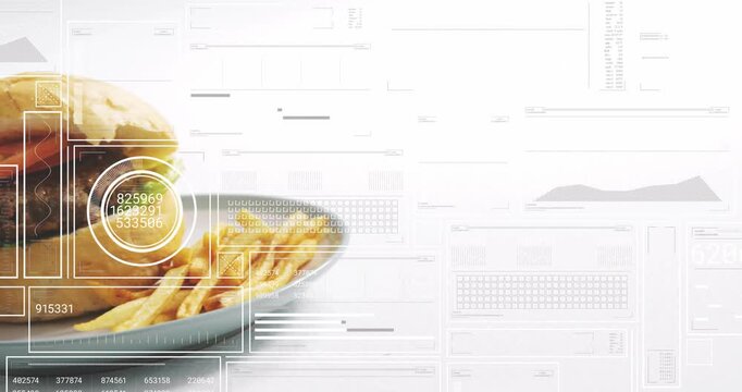 Plated burger and fries sliding from left, HUD locking onto patty, showing nutrition for marketing