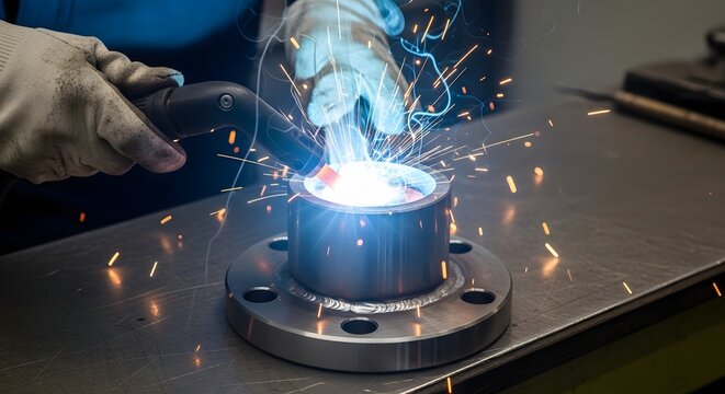 industrial welding process with sparks blue flames and molten metal use