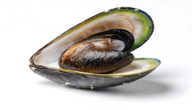 Single green lipped mussel from New Zealand seafood on white background With shadow. AI GENERATED.