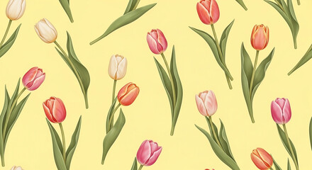 Obraz premium A cheerful, repeating pattern of vibrant tulips in various warm