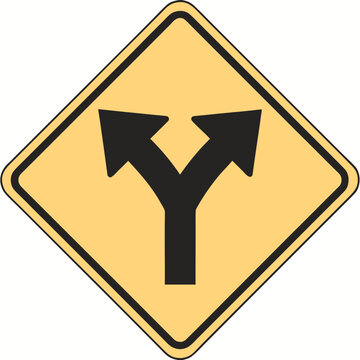 A black border and a central black graphic of a "Y" intersection, with two arrows branching out to the left and right from a single base. This sign is typically used to alert drivers that the road.