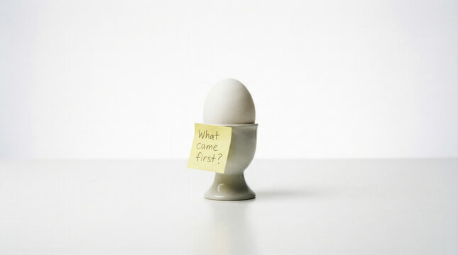 A clean, minimalist visual representation of the classic chicken and egg causality dilemma. The concept of origins, questions, and philosophy.