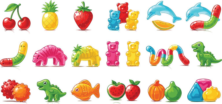 Colorful gummy candy set with fruits, bears, worms and jelly shapes, sweet dessert collection vector illustration for kids packaging, menu and playful design