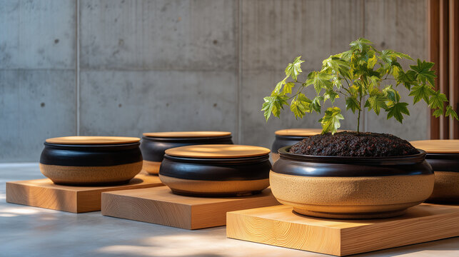 Wooden fermentation weights pressing down kimchi in traditional onggi pots arranged on concrete floor in temperature controlled room, perfect for Korean fermentation and contemporary probiotic foods