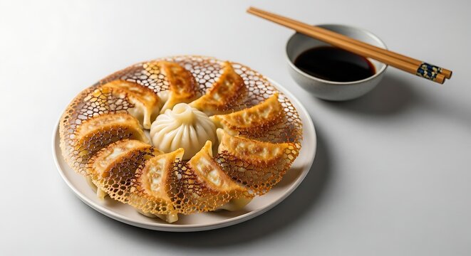 A plate of panfried dumplings with a side of soy sauce and chopsticks on a table