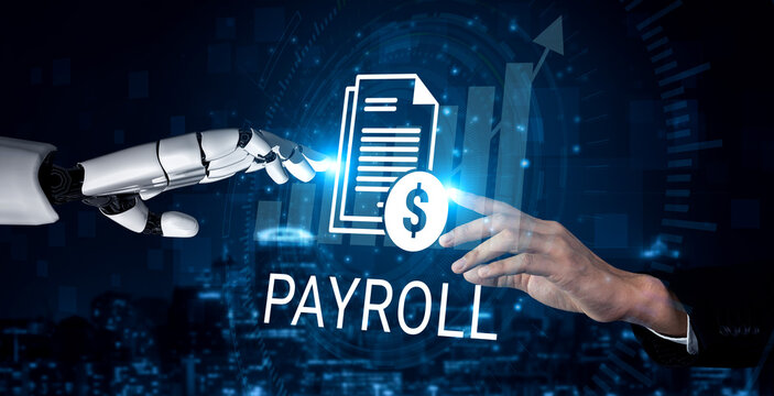 A futuristic depiction of a robotic hand reaching out to a human hand, symbolizing collaboration in payroll processing within a technology-driven financial landscape. Ledger
