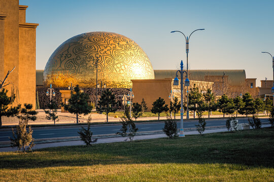Great view of the Altyn Samruk Flying Theatre in Turkistan, Kazakhstan, with its modern and unique architecture looking like an Easter egg in a nest