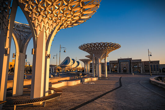 Fantastic view of the Yasawi Museum in Turkistan, Kazakhstan, surrounded by modern park architecture providing shade