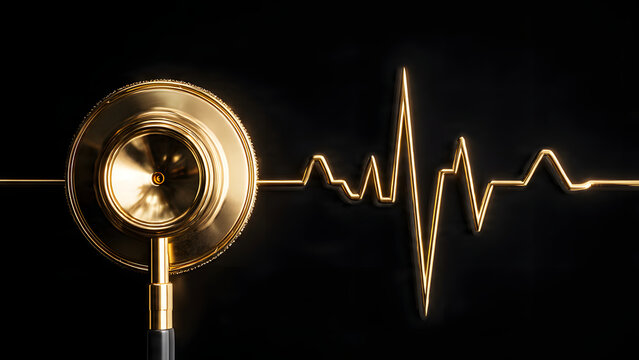 gold medical stethoscope alongside a glowing electrocardiogram (ECG) heartbeat line, highlighting key concepts in healthcare and cardiac monitoring. 