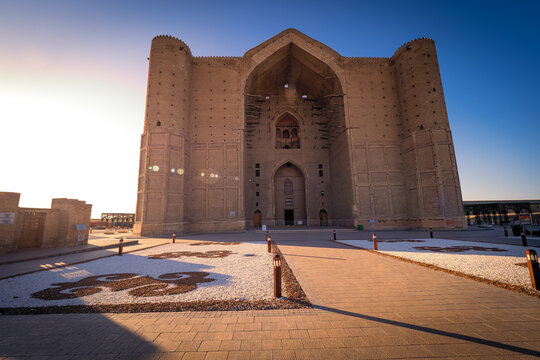 Stunning sunset view of the incomplete Mausoleum of Khoja Ahmed Yasawi in Turkistan, Kazakhstan, an unique masterpiece in Timurid architecture