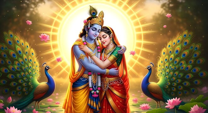 Divine embrace in a serene garden of eternal love and unity