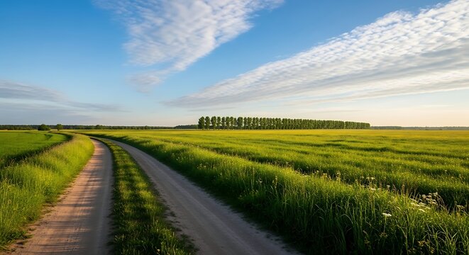 Serene landscape featuring a narrow path through a lush green wetland under a partly cloudy sky