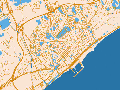 Cartographic city illustration of Mataro, Spain &mdash; warm neutral map design featuring golden roads, pale cream land and bright blue water accents