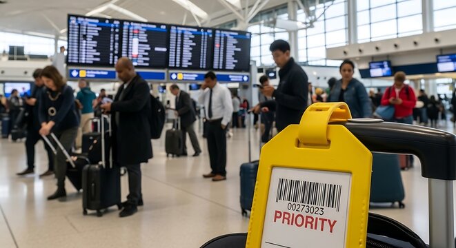 Busy airport check-in area with priority queue sign prominently displayed.