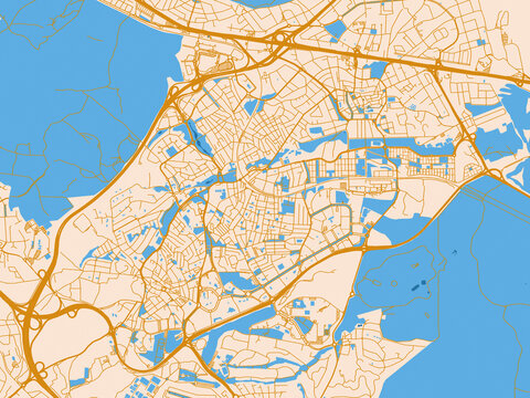 Urban map poster of Pozuelo de Alarcon, Spain with soft ivory map base with ochre-gold streets and clear blue water shapes for crisp contrast