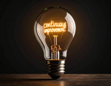 continuous improvement - Glühbirne mit einem Glühdraht das aussieht wie das Wort "continuous improvement"