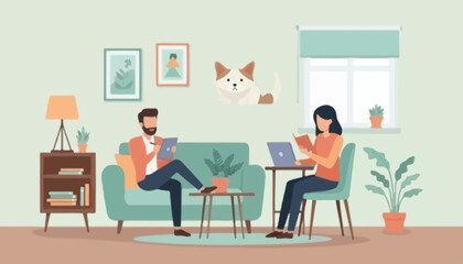 Couple relaxing in a modern, cozy living room, enjoying quiet hobbies like reading and using a tablet, depicting a comfortable and contemporary domestic scene © Commander