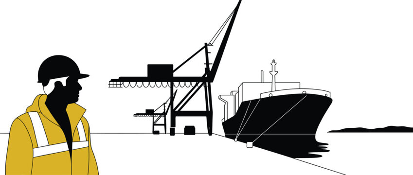argo ship dockside scene, port crane illustration, maritime industry design, worker safety concept, shipping logistics, industrial transport, harbor operations, minimal vector