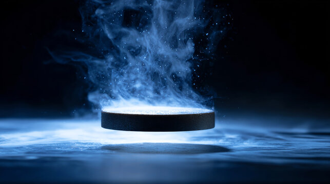 Superconducting disk levitating in a laboratory setting with blue liquid nitrogen vapor and smoke on a dark background illustrating quantum physics and the Meissner effect.