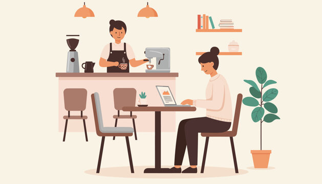 Illustration of a barista serving coffee to a customer using a laptop in a cafe