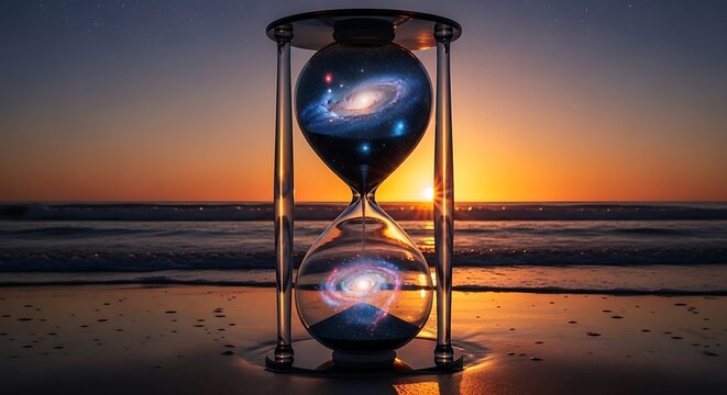 Hourglass against the backdrop of a serene sunset over the ocean