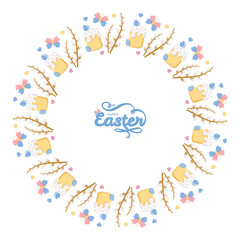 Circular wreath design with decorated cakes, pussy willow branches, pastel butterflies, and hearts surrounding Happy Easter in light blue script, festive seasonal motif for cards and posters © Lipitorika