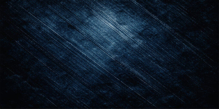 A dark blue grunge background features a textured vintage design with a weathered denim fabric pattern and old paper material for a blank indigo textile surface backdrop