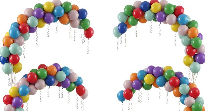 Colorful balloons arranged in arches for party celebration isolated on white background With shadow. AI GENERATED.