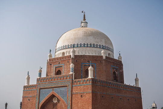 Closeup view of landmark ancient medieval mausoleum and shrine of islam saint Bahauddin Zakariya, Multan, Punjab, Pakistan