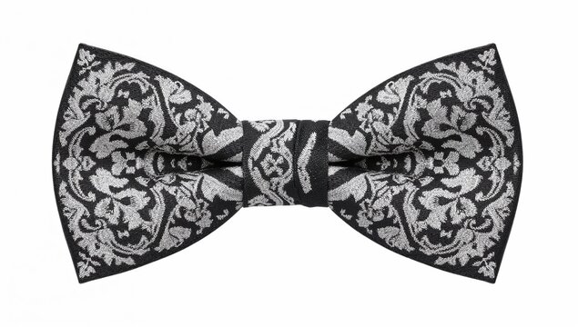 Embroidered mariachi bowtie with intricate silver thread detailing on black fabric, traditional mexican accessory for formal events