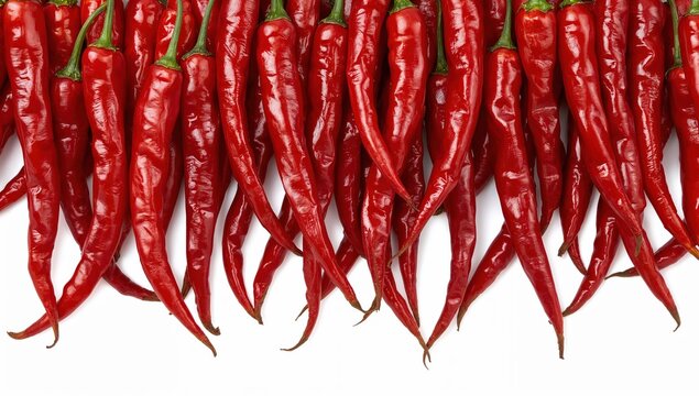 Closeup of glossy red chili ristras braid with hanging peppers on white background