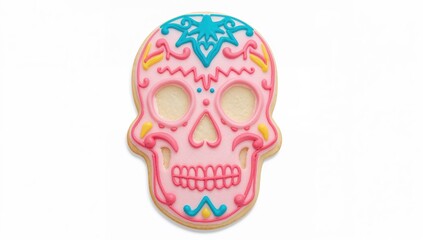 Fototapeta premium Sugar skull cookie decorated with pink, blue, and yellow icing for day of the dead celebration on white background