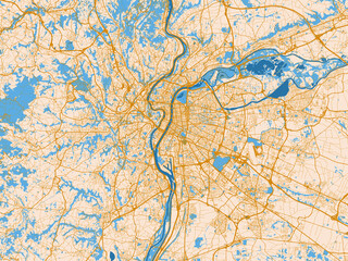 Fototapeta premium Cartographic city illustration of Lyon Metropole, France — soft ivory map base with ochre-gold streets and clear blue water shapes for crisp contrast