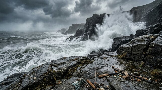 Ocean waves crash against rugged cliffs during intense stormy weather conditions.