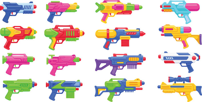 Colorful toy water guns collection with plastic blasters, summer kids play equipment set for outdoor fun, party games and playful vector illustration