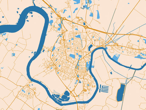 Street map of Rochefort, France in light cream and blue contrast