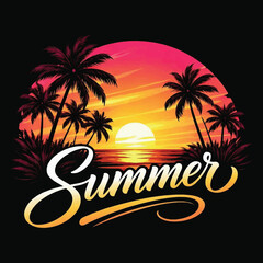 Fototapeta premium Summer Tropical Sunset Palm Trees T-Shirt Vector Design