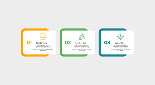 Infographic design with three steps and colorful borders.