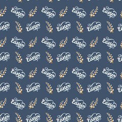 Seamless Easter pattern with Easter text in cursive and pussy willow branches on dark blue background, festive seasonal design for wrapping paper and holiday decor © Lipitorika