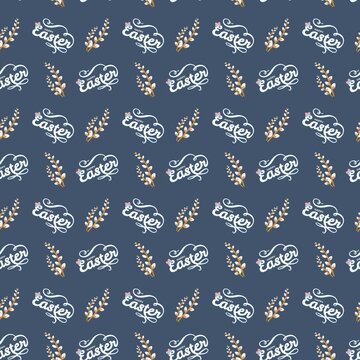 Seamless Easter pattern with Easter text in cursive and pussy willow branches on dark blue background, festive seasonal design for wrapping paper and holiday decor