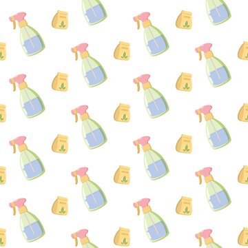 Seamless gardening pattern with spray bottles and seed packets arranged diagonally on white background, cheerful eco design for plant care, agriculture, textiles, wallpapers, and stationery