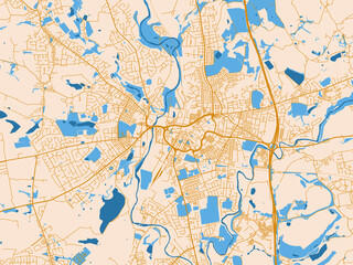 Fototapeta premium Street network map of Bury, United Kingdom, golden linework with blue water
