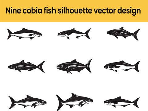 Nine detailed cobia fish silhouettes are presented in a row, showcasing their sleek, streamlined forms. high-quality professional modern