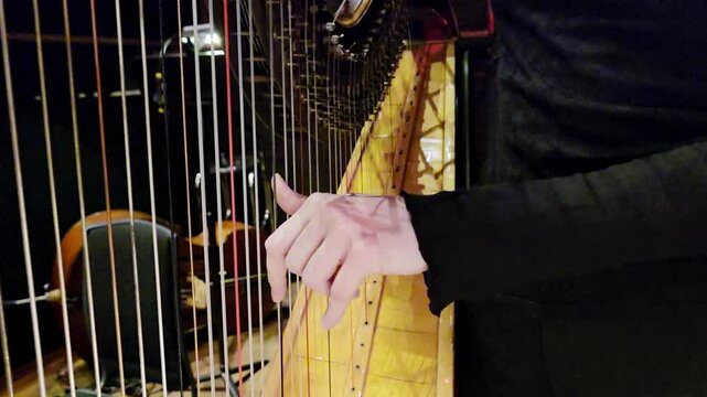 Professional harpist playing classical harp instrument close-up.