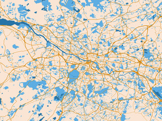 Obraz premium Urban map poster of Glasgow, United Kingdom with light cream city field with mustard-gold linework and vivid blue lakes, rivers and waterways