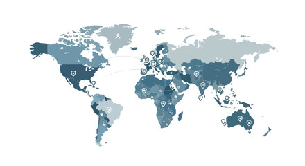 Naklejka premium World map with various countries colored in different shades of blue on a white background for World Immunization Week