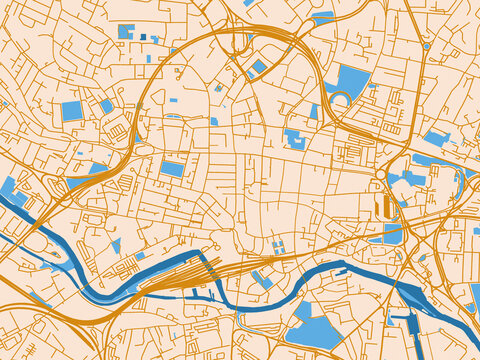 City layout poster &mdash; Leeds Center, United Kingdom &ndash; gold and blue map palette