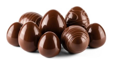 Fototapeta premium Assortment of rich dark chocolate Easter eggs arranged closely together on a white surface.
